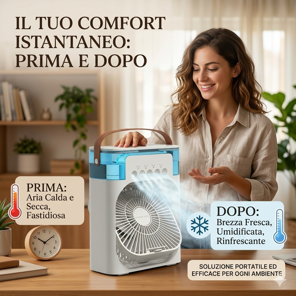 Ventilatore Raffrescatore d'Aria Portatile — Fresco Istantaneo con Nebulizzatore
