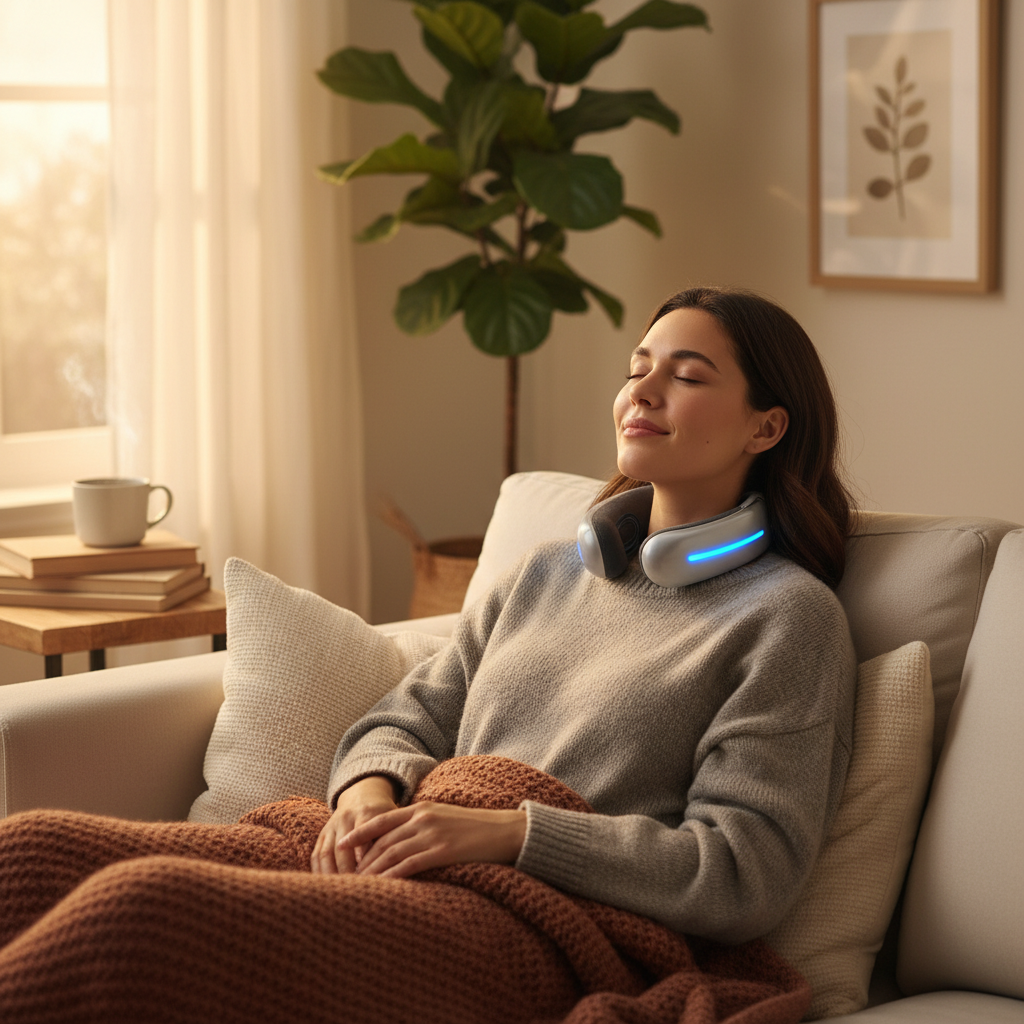 Donna che usa il massaggiatore cervicale sul divano