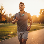 Uomo italiano corre con cuffie neckband