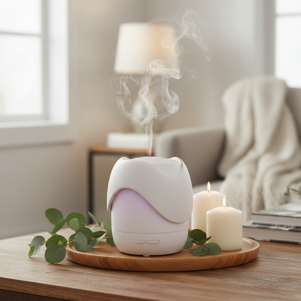 Diffusore aromi con luce LED viola su vassoio di legno