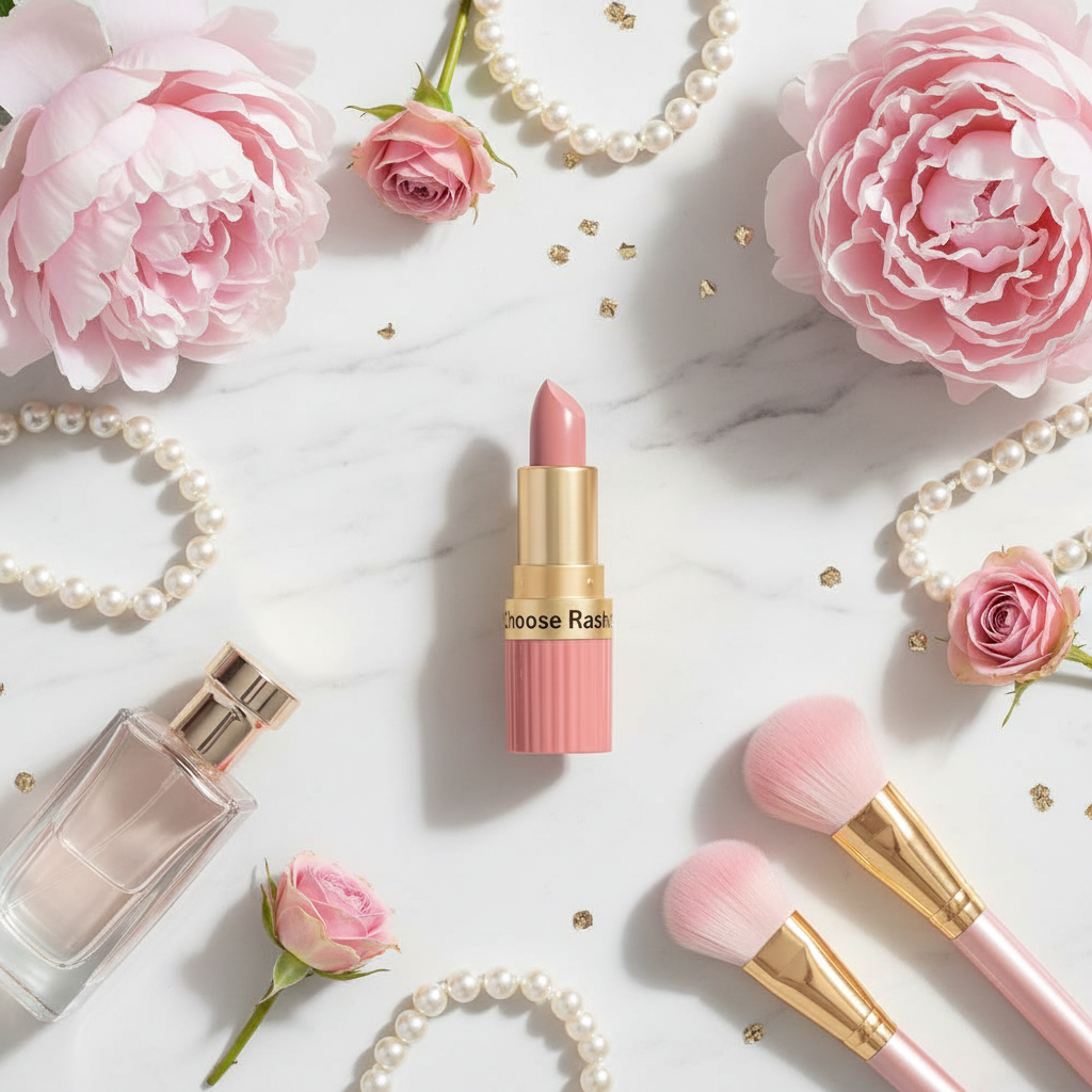 Flat lay rossetto con fiori e perle