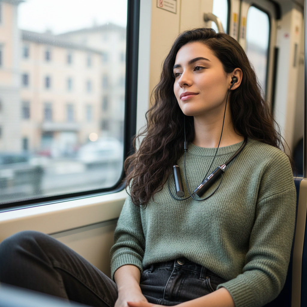 Donna in metro con auricolari wireless