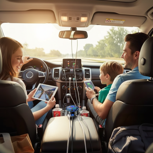 Famiglia in viaggio che carica dispositivi